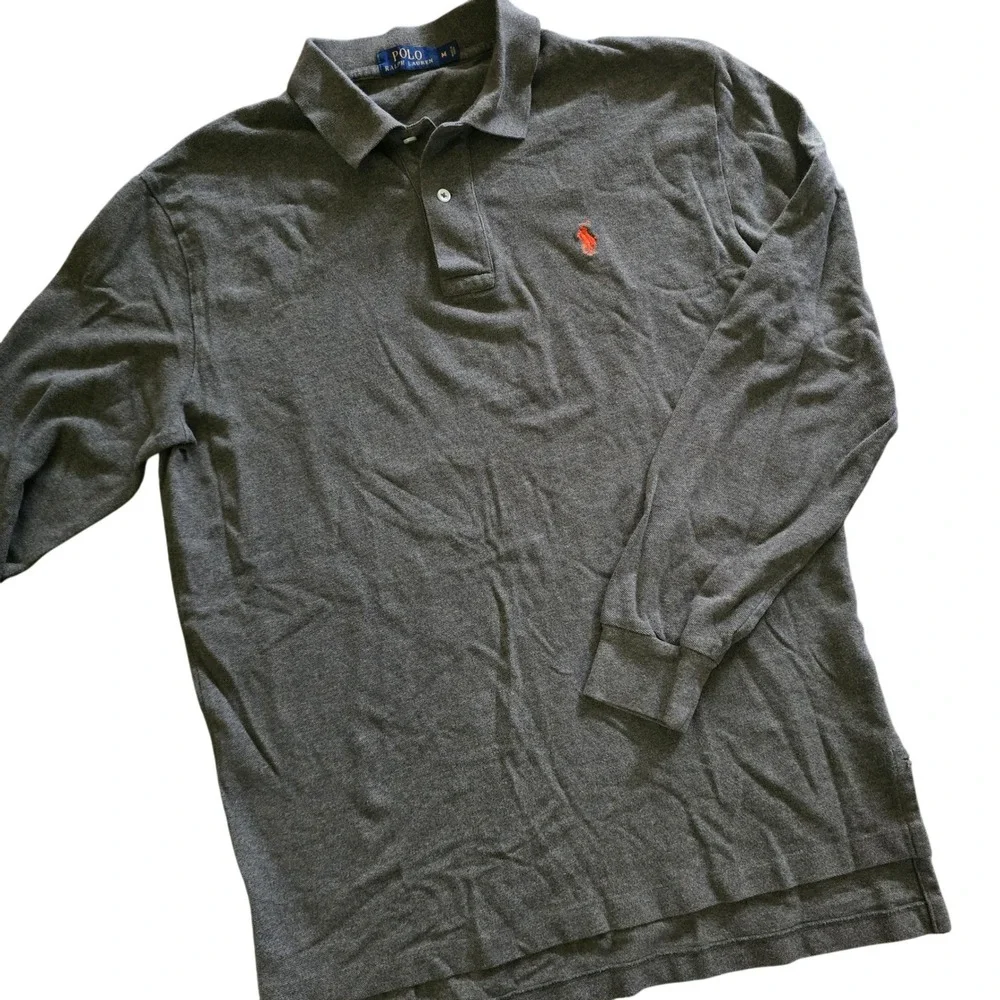 POLO RALPH LAUREN Long Sleeve Polo Mens M Olive Green Cotton‎ Pique Orange Pony